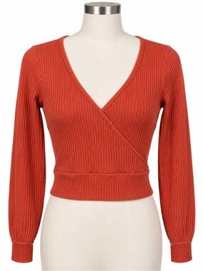 Hollister Burnt Orange Ribbed Wrap-Front Long Sleeve Top